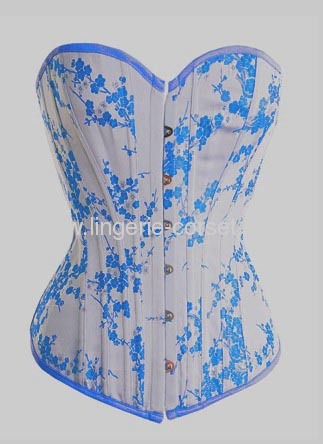 White and blue brocade overbust corsets