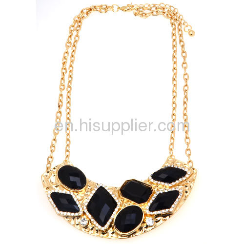 Gold Black Link Chain Stone Statement Crescent Choker Bib Necklace