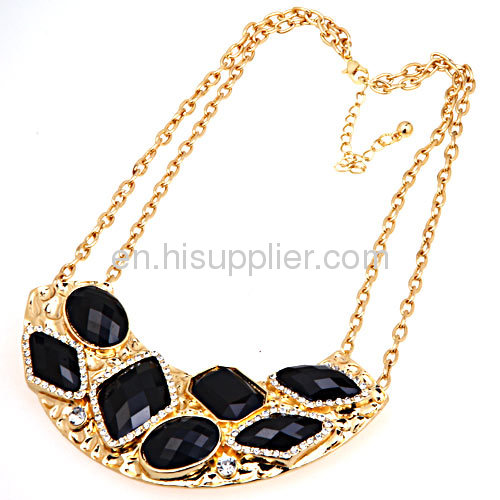 Gold Black Link Chain Stone Statement Crescent Choker Bib Necklace