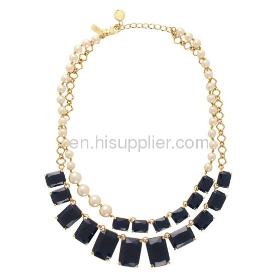 Two layered Resin Stone Imitation Pearl Bib Kate Spade Asymmetrical Necklace