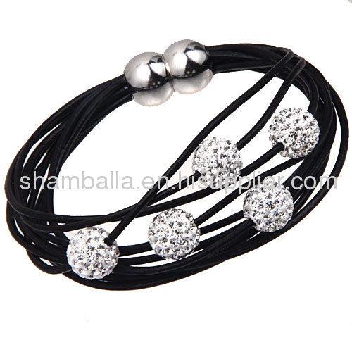Wholesale Black Leather Crystal Bracelet Magnetic Clasp 
