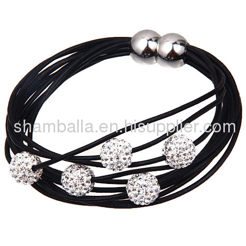 Wholesale Black Leather Crystal Bracelet Magnetic Clasp 