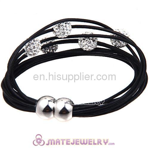 Fashion Shamballa Style Multi Strand Black Leather Bracelets Crystal Balls 