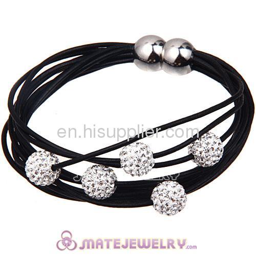 Fashion Shamballa Style Multi Strand Black Leather Bracelets Crystal Balls 