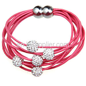 Pave Crystal Disco Beads Wrap Leather Bracelet Magnetic Clasp