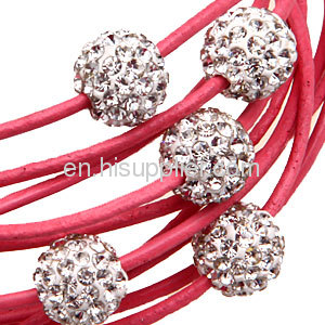 Pave Crystal Disco Beads Wrap Leather Bracelet Magnetic Clasp