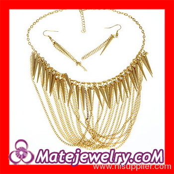 Tassel Chain Spike Bib Statement Necklace Earring Gold Necklace Set