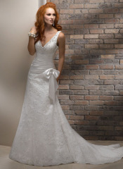 GEORGE BRIDE Sexy Deep V Neck Lace Over Satin Court Train Wedding Dress