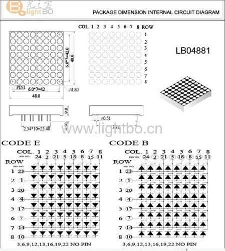 1.894.8mm ultra bright blue 8 x 8 dot matrix led displays with size 48 x 48mm