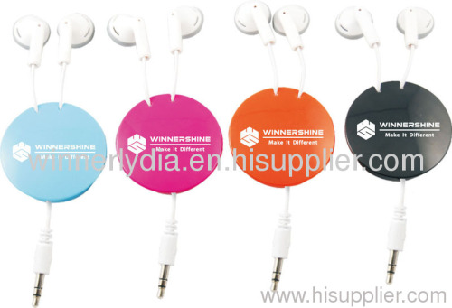 Retractable earphone with round case for logo printing