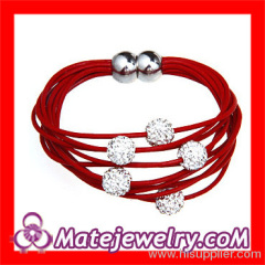 New Shamballa Style Magnetic Clasp Red Leather Wrap Bracelets With Beads Crystal