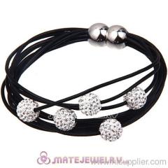 Pave Crystal Disco Beads Wrap Leather Bracelet Magnetic Clasp