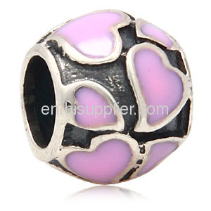 european 925 Sterling Silver Pink Enamel Heart Charm Beads For Valentine