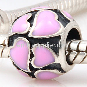 european 925 Sterling Silver Pink Enamel Heart Charm Beads For Valentine