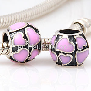 european 925 Sterling Silver Pink Enamel Heart Charm Beads For Valentine