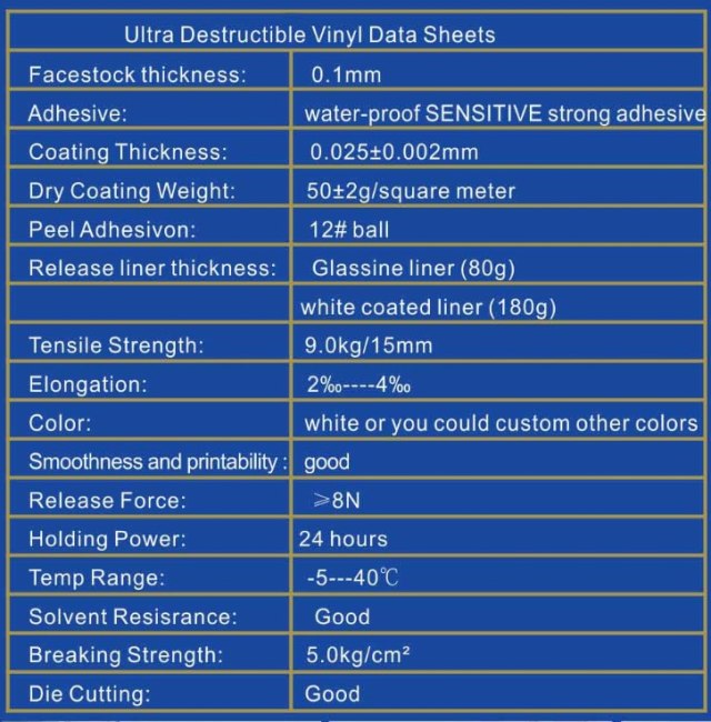 100 micron smooth surface high quality destructible label papers in rolls or in sheets