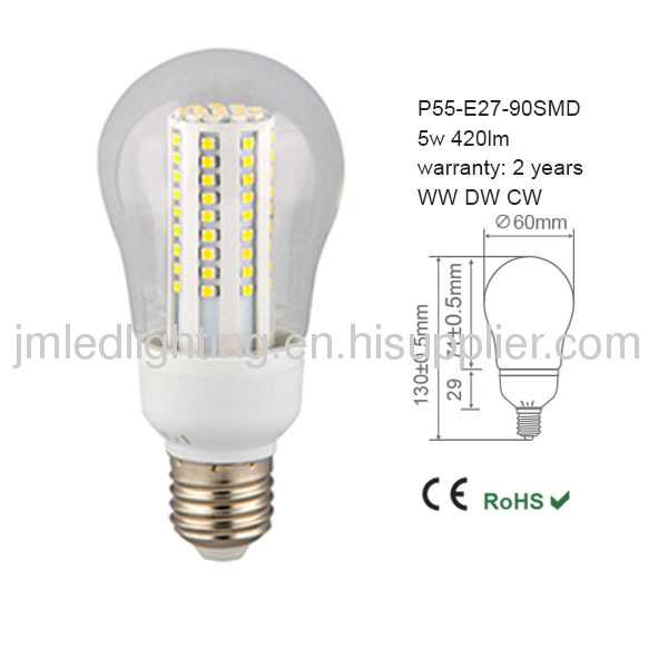 ce rohs certificated p55 led light bulb 5w 450lm