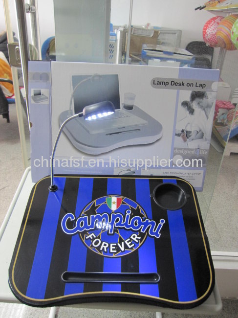 blue and black color portable laptop table with cushion and led light