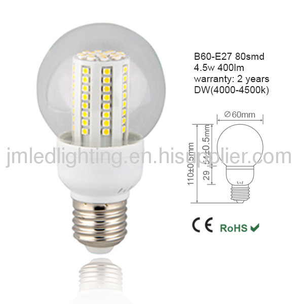 e27 b60 led lighting 4.5w 400lm 80smd dw clear