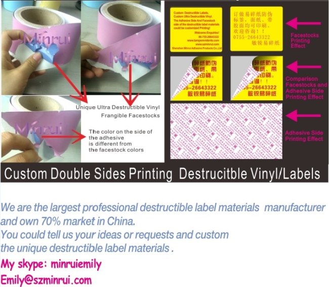 100 micron smooth surface high quality destructible label papers in rolls or in sheets