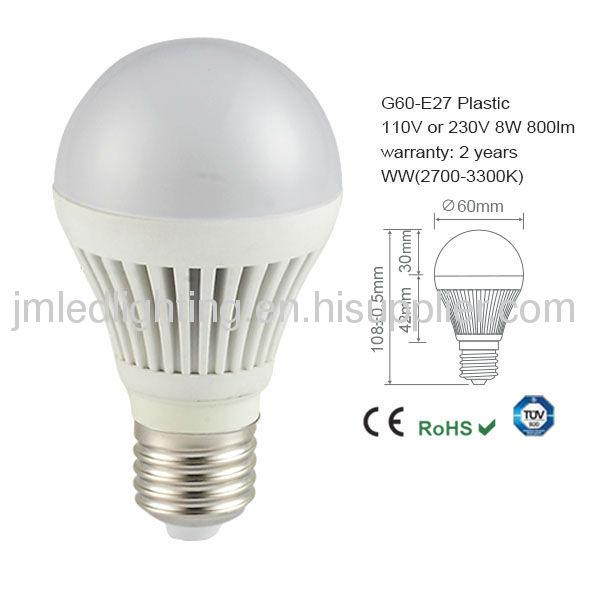 plastic&aluminium housing pc cover TUV certificated g60 40smd led lighting bulbs 8w 900lm