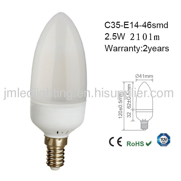 e14 candle led light c35 2.5w 210lm milk 46smd