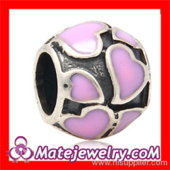 european 925 Sterling Silver Pink Enamel Heart Charm Beads For Valentine's Day