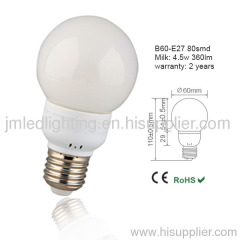 b60 led bulb e27 base ce rohs certificated 4.5w 360lm lighting bulbs milky cover