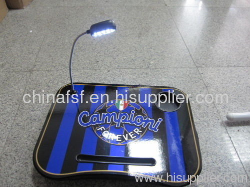 blue and black color portable laptop table with cushion and led light