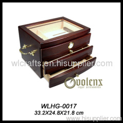 luxury wlanut wood burl finish high gloss wooden cigar humidor with glass lid