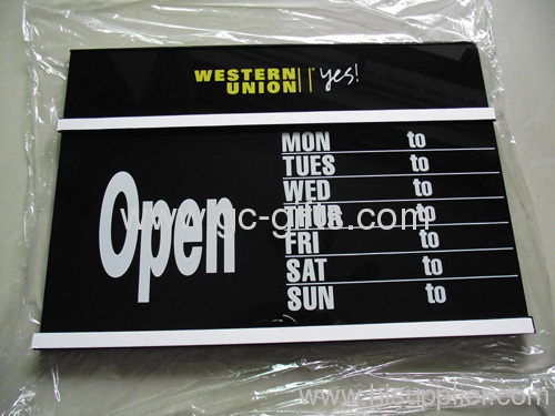 western union window acrylic signage for opening time