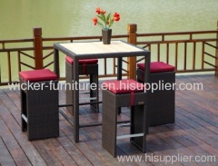 Wicker indoor and outdoor bar set with teakwood table top