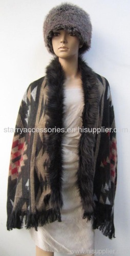 acrylic multicolor jacquard woven shawl with fake fur