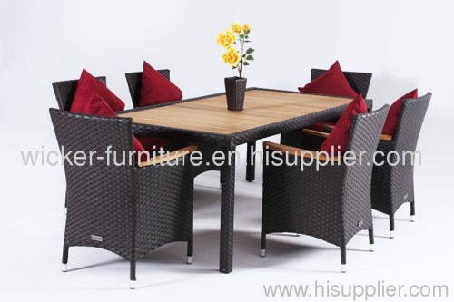 Patio rattan dining table with teakwood table top