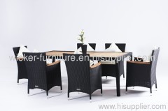 Patio rattan dining table with teakwood table top