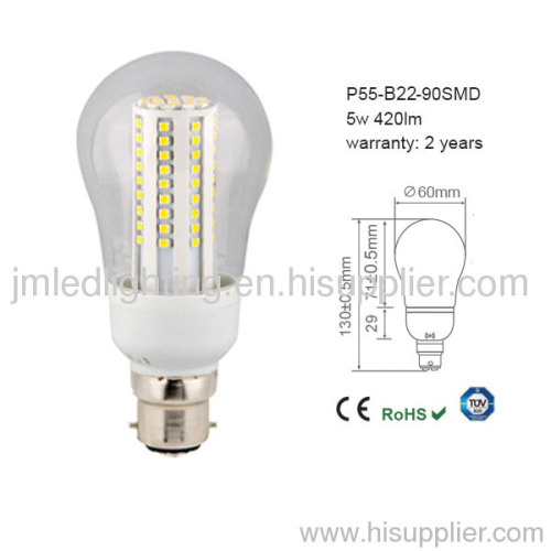 b22 p55 led bulb 5w 420lm 90smd clear