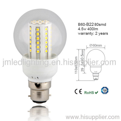 b22 b60 led light bulb 4.5w 400lm clear