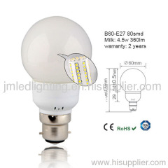 b22 b60 led light bulb 4.5w 360lm milk 80smd