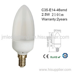 e14 candle led light c35 2.5w 210lm milk 46smd
