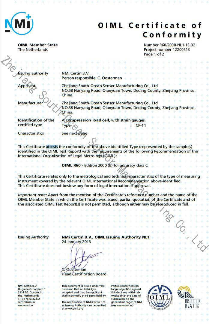 OIML certificate (CP-11)