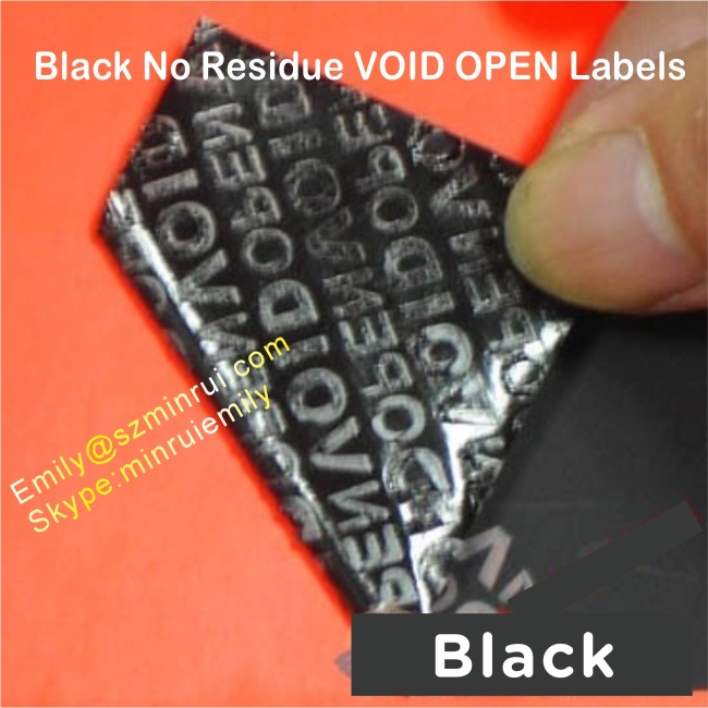 Custom No Transfer Black VOID Labels,No Residue Black Tamper Evident VOID OPEN Stickers