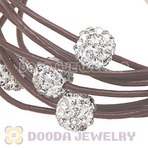 White Crystal Beads 19CM Mocha Leather Bracelet With Magnetic Clasp