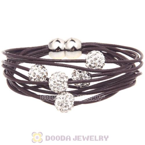 White Crystal Beads 19CM Mocha Leather Bracelet With Magnetic Clasp