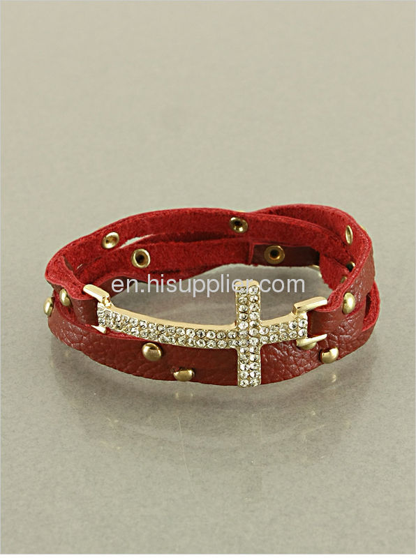 Fashion Wrap Stud Red Leather Sideways Cross Bracelets