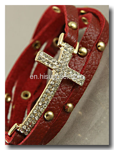 Fashion Wrap Stud Red Leather Sideways Cross Bracelets