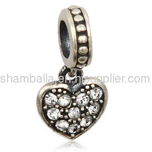 Sterling Silver european Pave Heart Dangle With Clear Austrian Crystal