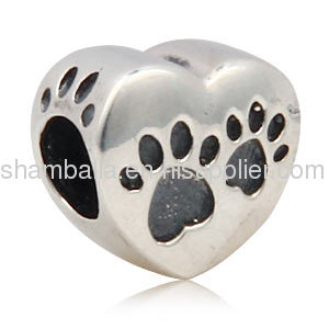 Cheap Sterling Silver european Heart Footprint Paws Charm Bead Wholesale
