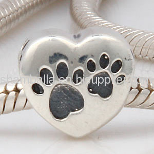 Cheap Sterling Silver european Heart Footprint Paws Charm Bead Wholesale