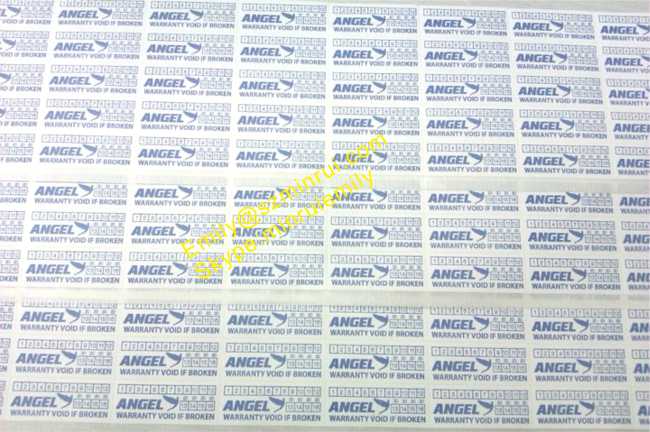 Custom small warranty stickers for tamper evident use with customized logo or name