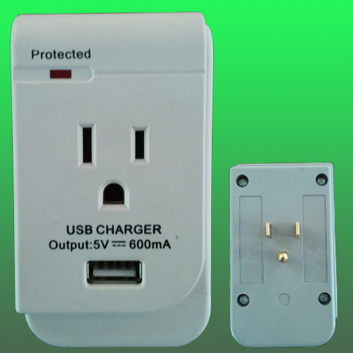 Single outlet wall usb adaptor, surge protected current tap